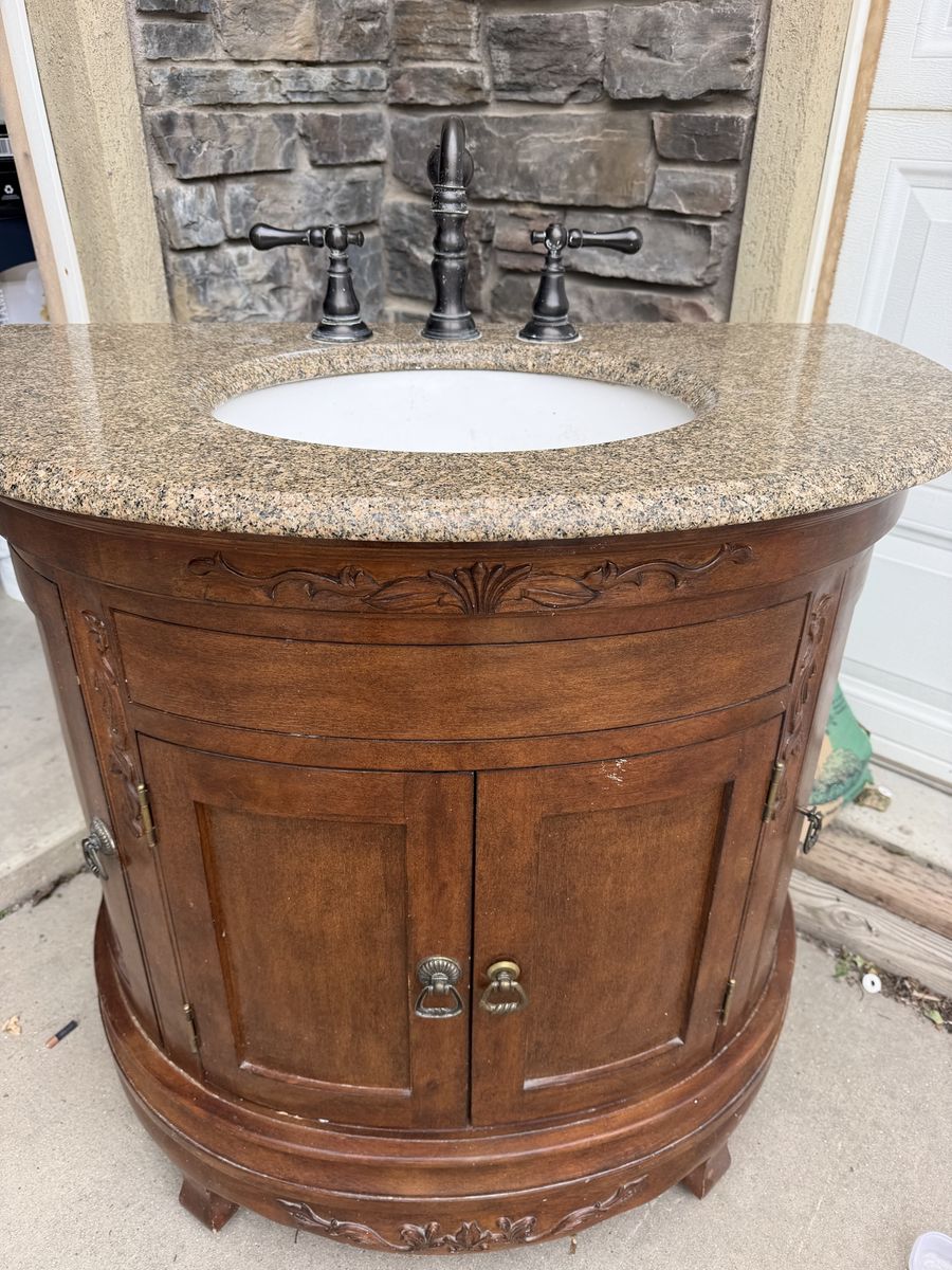 36" Solid Wood Carved Bathroom Vanity with Stone Countertop, Sink, and Faucet