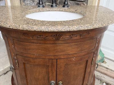 36" Solid Wood Carved Bathroom Vanity with Stone Countertop, Sink, and Faucet