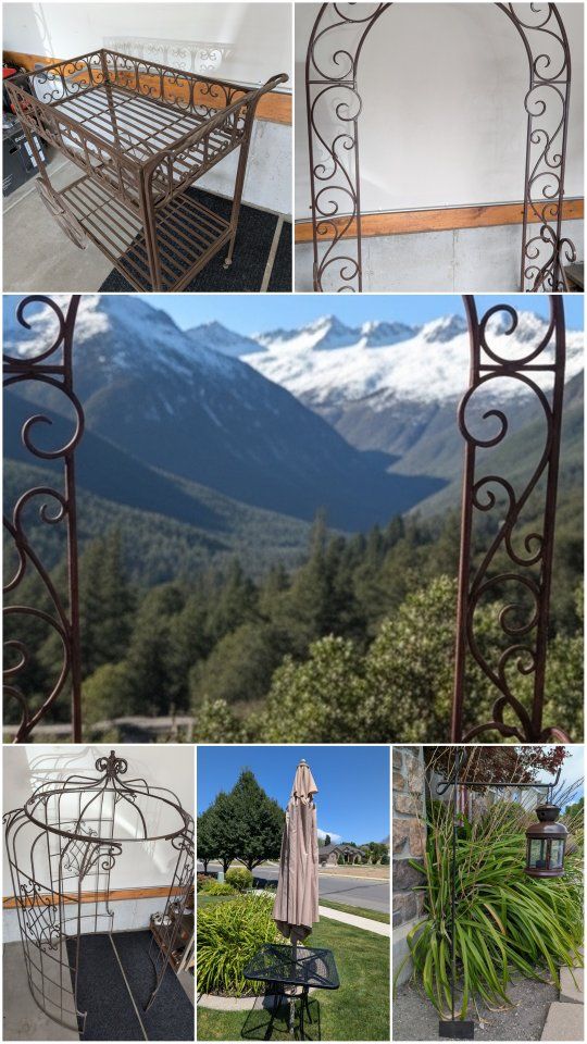 Ornate Brown Wrought Iron Garden Gazebo Archway and Serving Cart