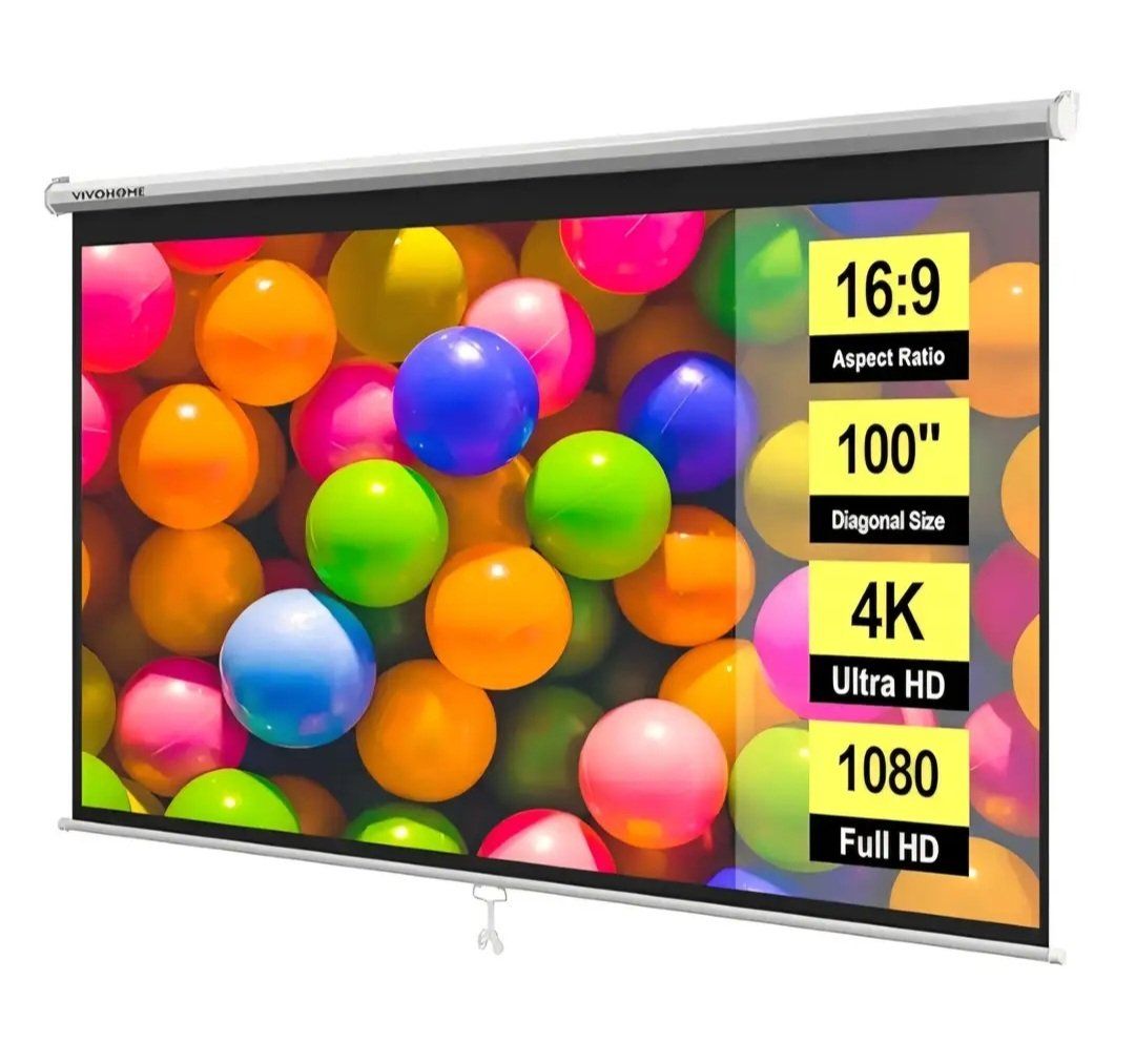100 Inch 16:9 Pull Down Projector Screen, HD 4K Re