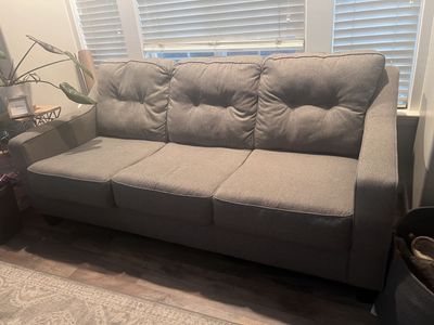 Matching Gray Living Room Set: Sofa and Two Tufted Recliners