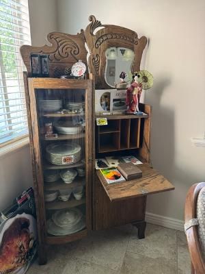 Antique Oak Secretary Desk / Curio Cabinet Combination