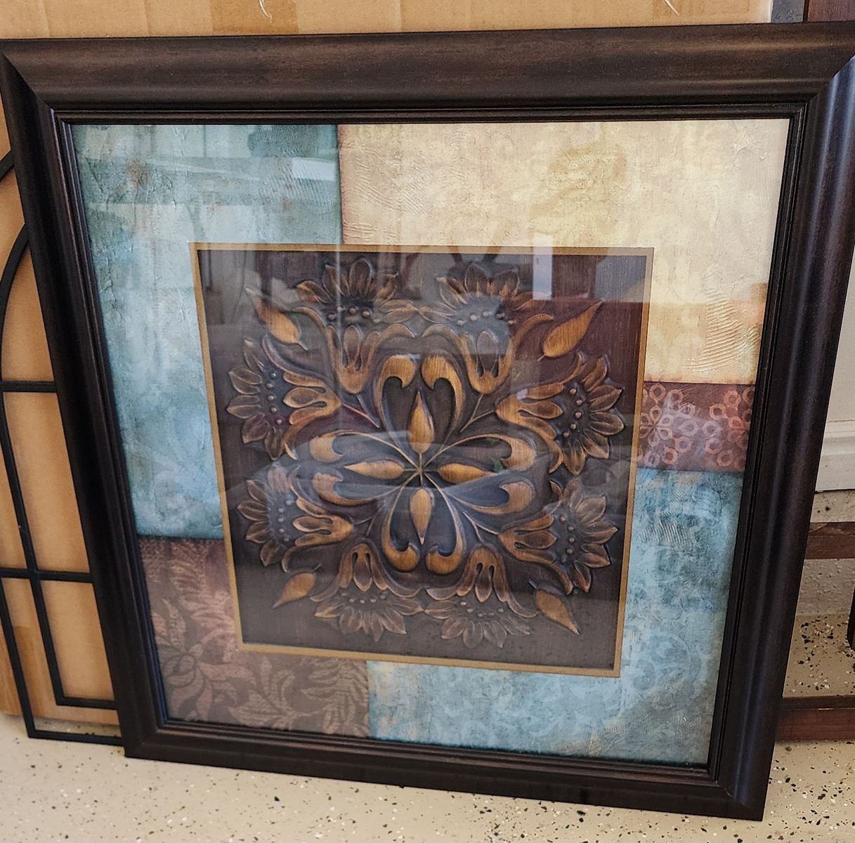 Framed Medallion Wall Art with Textured Design - Brown, Blue, & Tan Tones