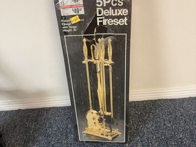 5-Piece Polished Brass Deluxe Fireset with Tongs - 32 Inches