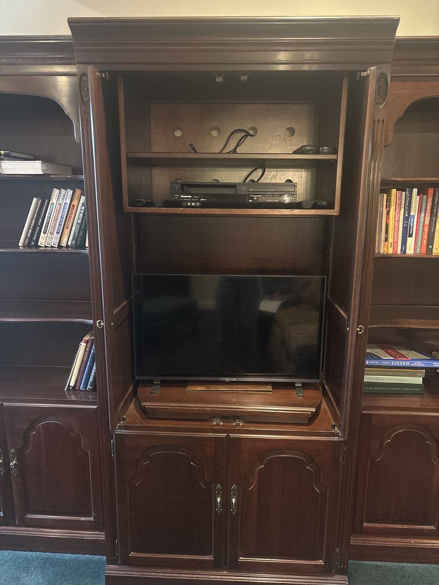 Classic Dark Wood Entertainment Center & Bookcase Wall Unit - Traditional Media Storage