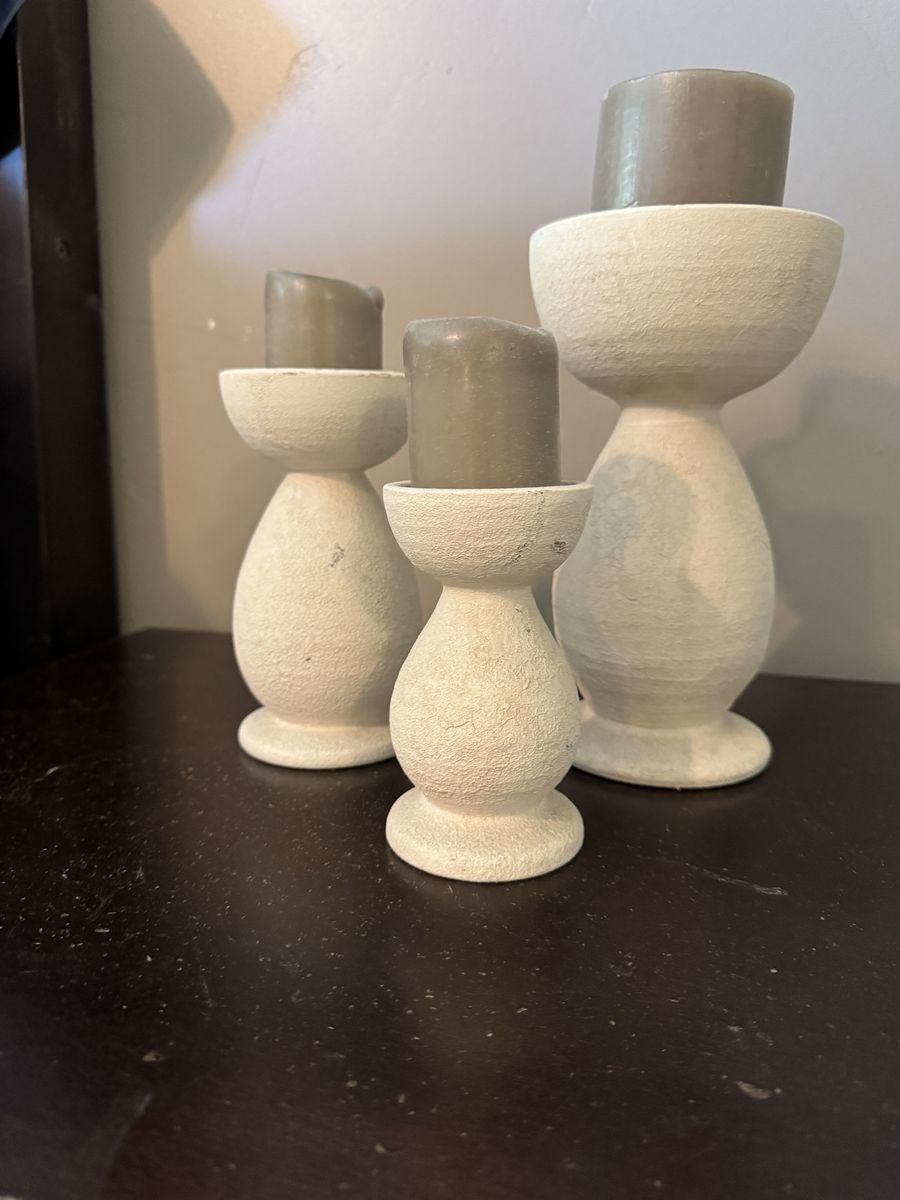 Set of 3 Rustic White Textured Candlestick Holders with Candles