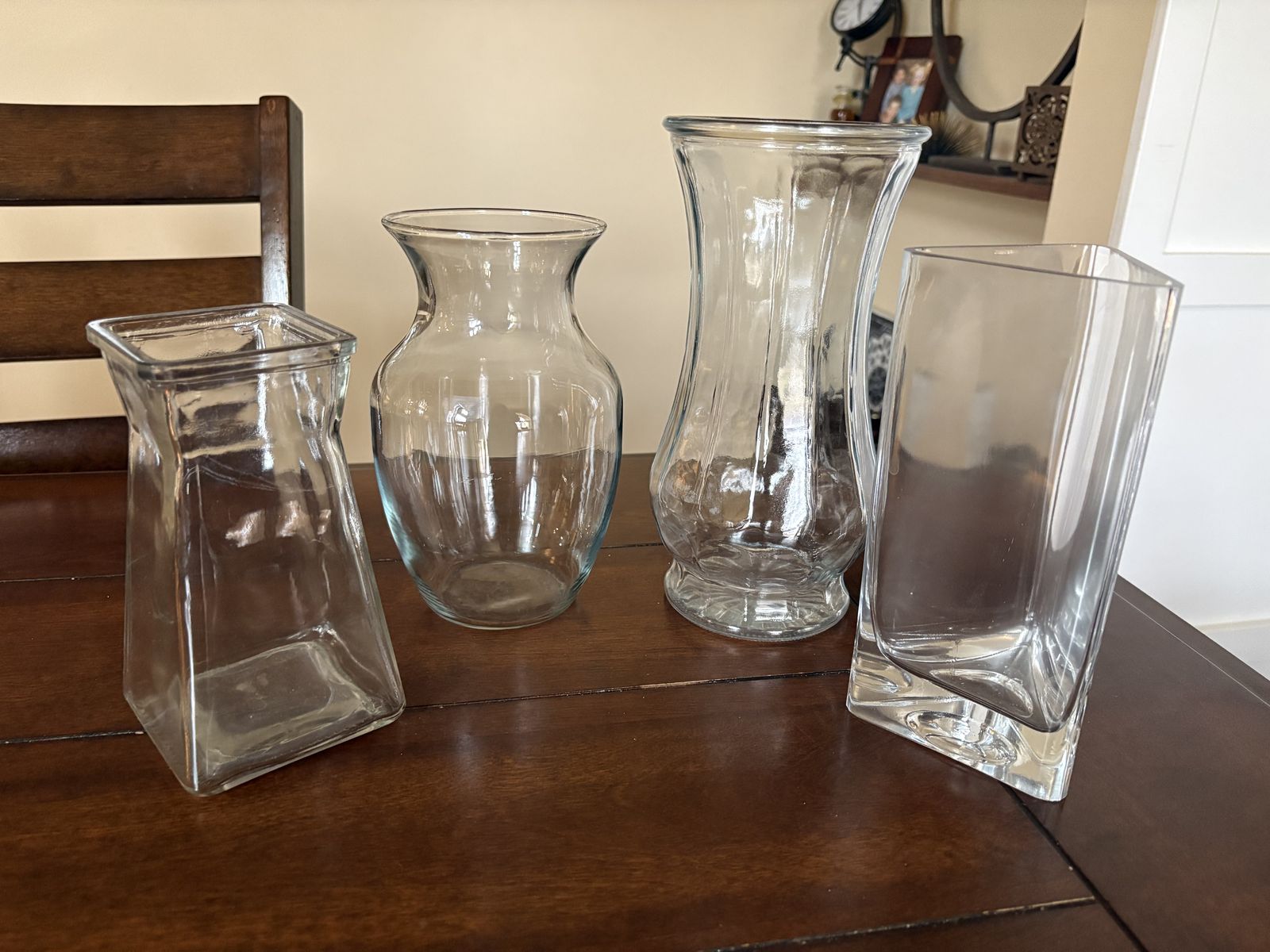 4 Clear Glass Vases