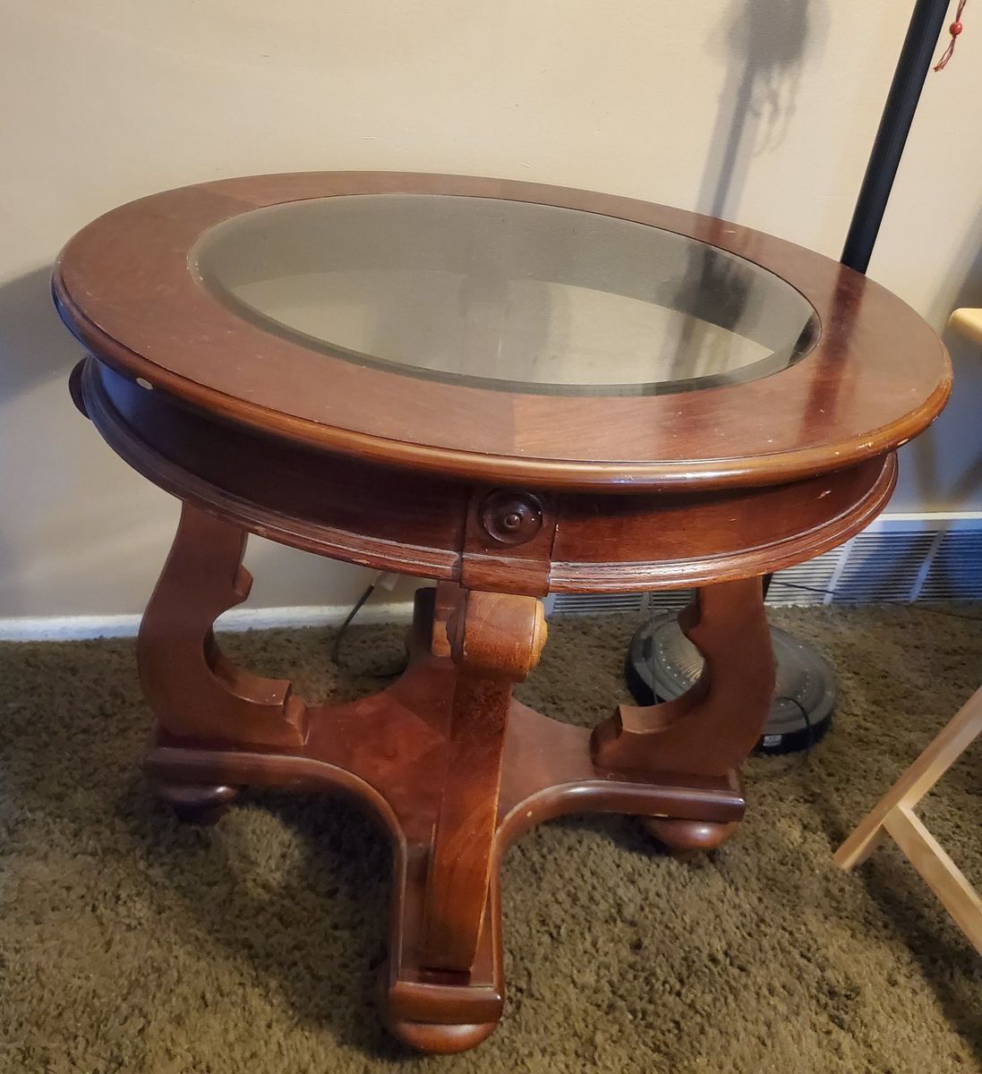 Round Wooden Accent Table with Glass Inset Top