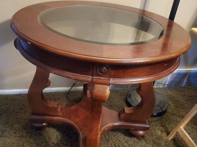 Round Wooden Accent Table with Glass Inset Top