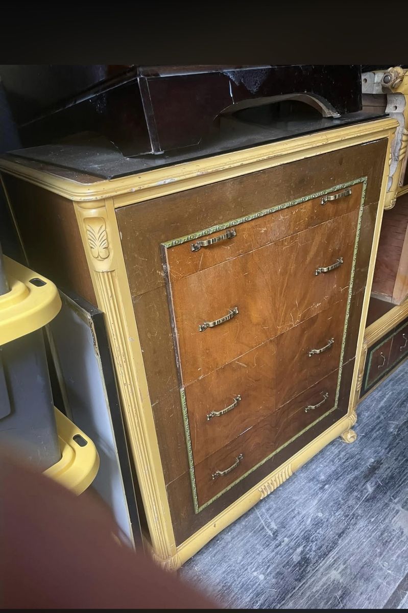 Vintage Wooden Dresser and desk of Drawers with Decorative Trim - Antique Furniture