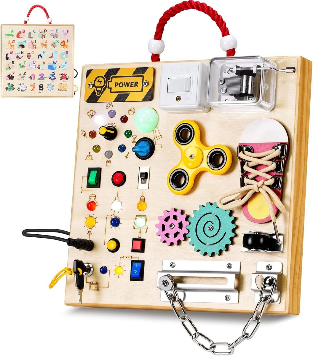 NEW Montessori Wooden Busy Board Toys Toddler Sensory Educational Fidget Board Travel Toy with LED Light Up Switches