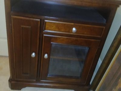 Nice wood cabinet. 3 pull out trays and other side has a shelf for storage. Glass door 32x34x19