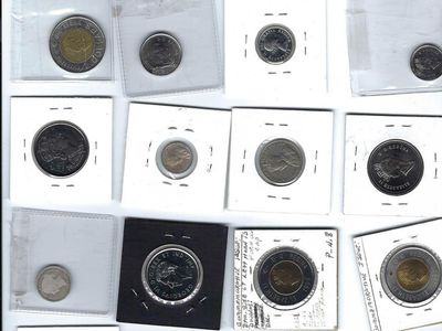 Lot of 42 Canadian Coins one cent to $2 + 1977 Trade Dollar