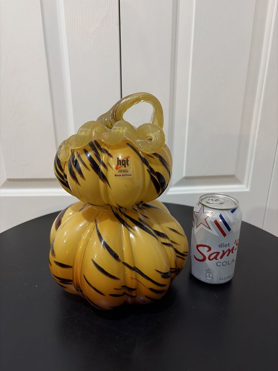 HQT Hand Made Made in China Glass Pumpkin Decor Orange Black Stripes Curly Stem Fall Halloween