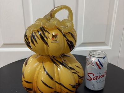 HQT Hand Made Made in China Glass Pumpkin Decor Orange Black Stripes Curly Stem Fall Halloween