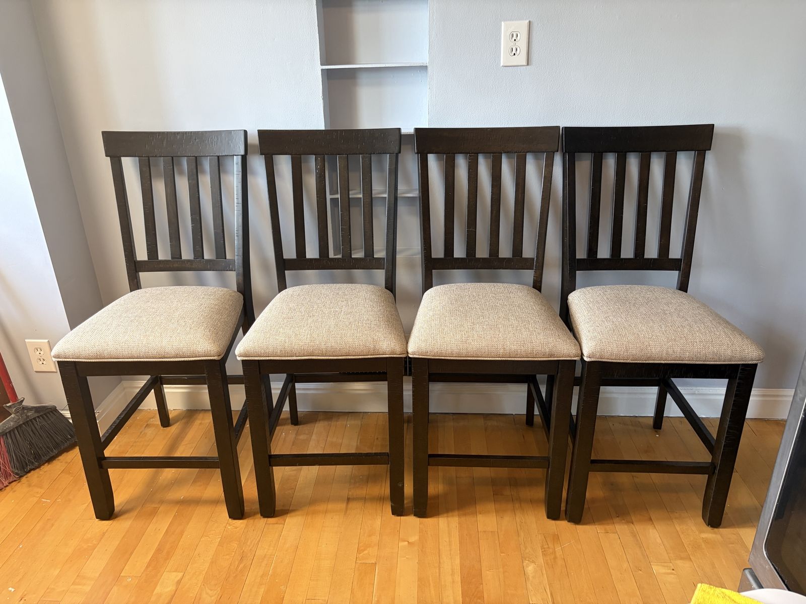 Set of 4 Dark Wood Counter Height kitchen chairs with Upholstered Seats