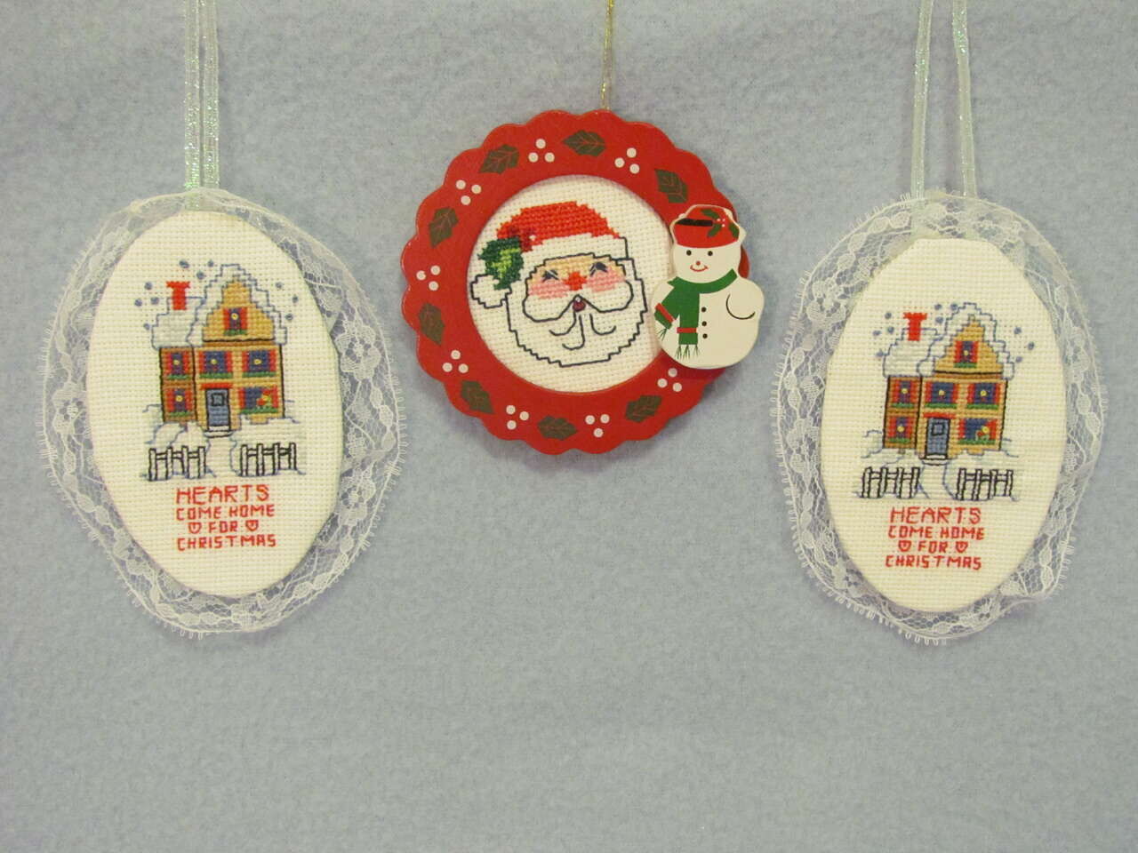 Handmade Cross-stitch Christmas Ornaments and Hearts Come Home For Christmas Santa