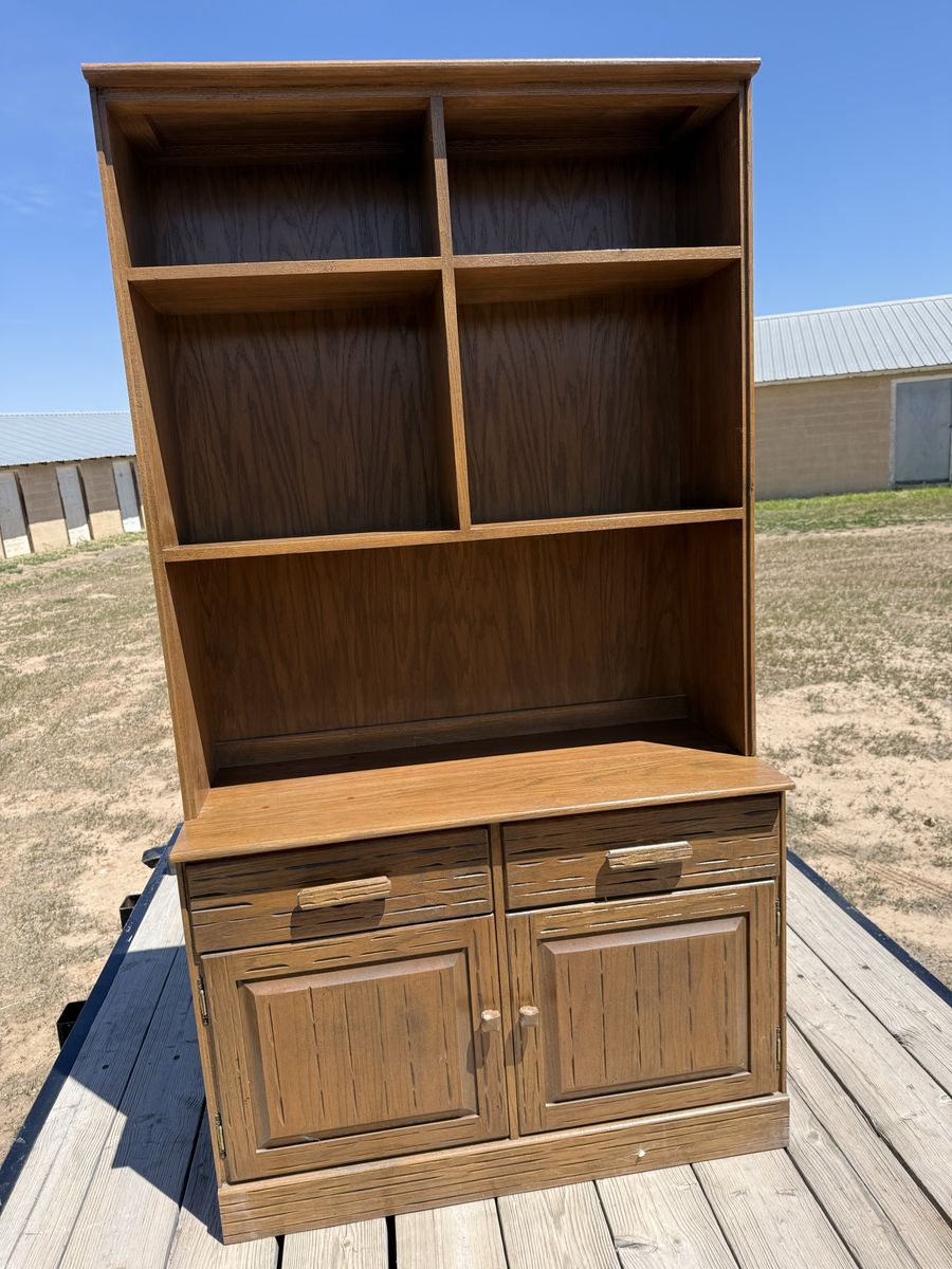 Vintage A. Brandt Ranch Oak Wood China Cabinet Hutch Display Bookshelf Storage with Drawers and Cabinet Doors