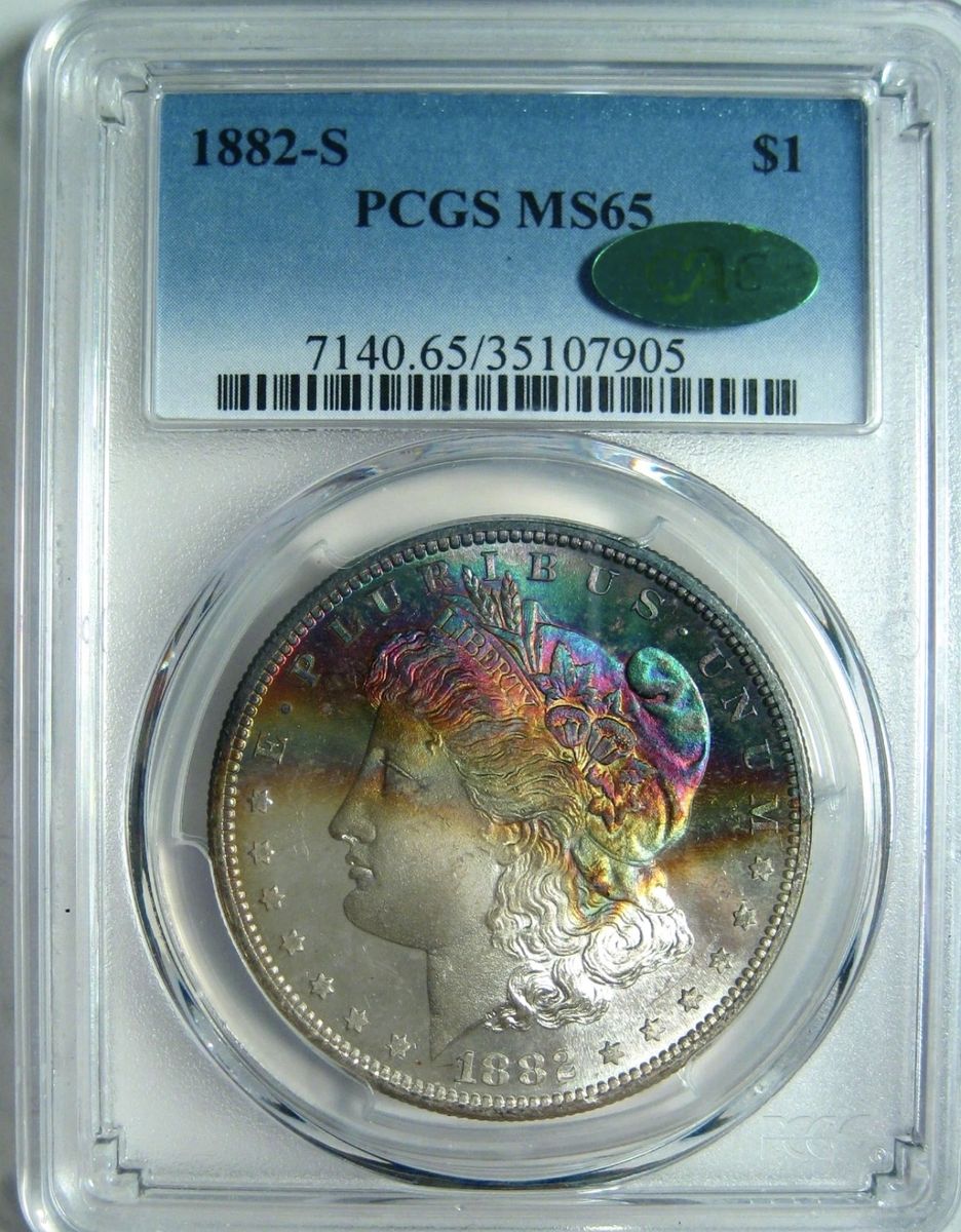 1882-S TONED RAINBOW MORGAN SILVER DOLLAR~PCGS GEM MS65 CAC DOUBLE CRESCENT
