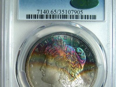 1882-S TONED RAINBOW MORGAN SILVER DOLLAR~PCGS GEM MS65 CAC DOUBLE CRESCENT