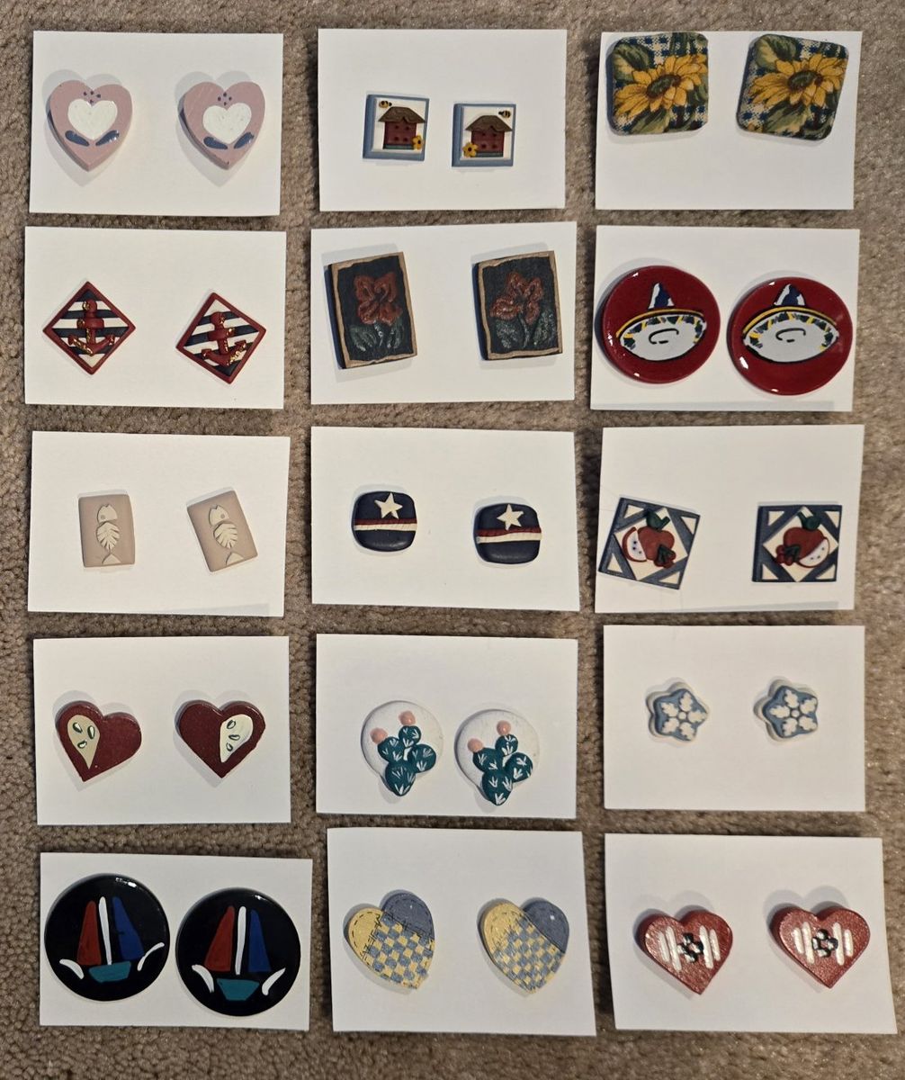 Unique Artisan Clay & Wood Stud Earrings - Various Styles & Colors, Statement Pieces