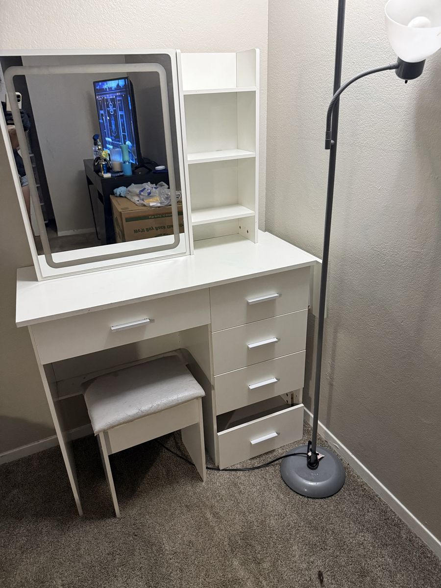 White Vanity Table with Lighted Mirror, Shelves, Drawers, and Matching Stool