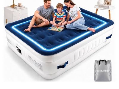 New in box queen Sz. Air mattress with built-in pump, handles, and carry case.