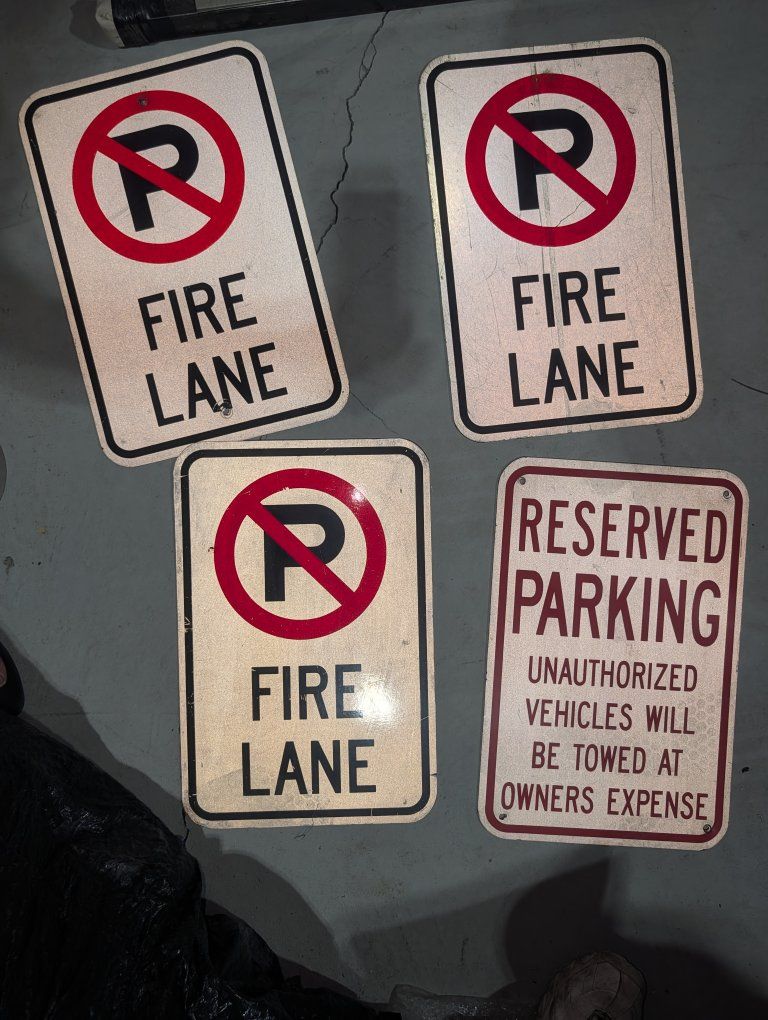 Lot of 4 Metal Parking Signs - 3 'No Parking Fire Lane' & 1 'Reserved Parking'