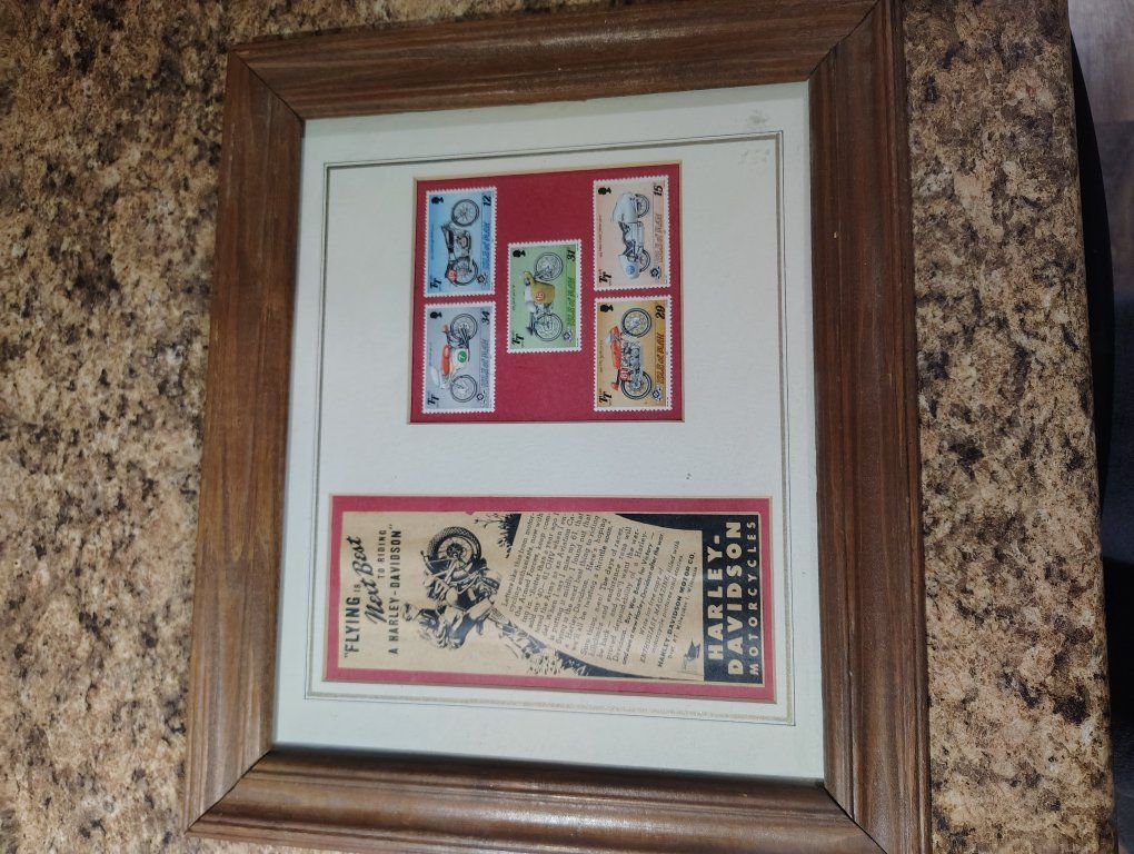 Vintage Harley-Davidson Motorcycles Framed Stamp Collection & Ad Art - The Stamp Shed