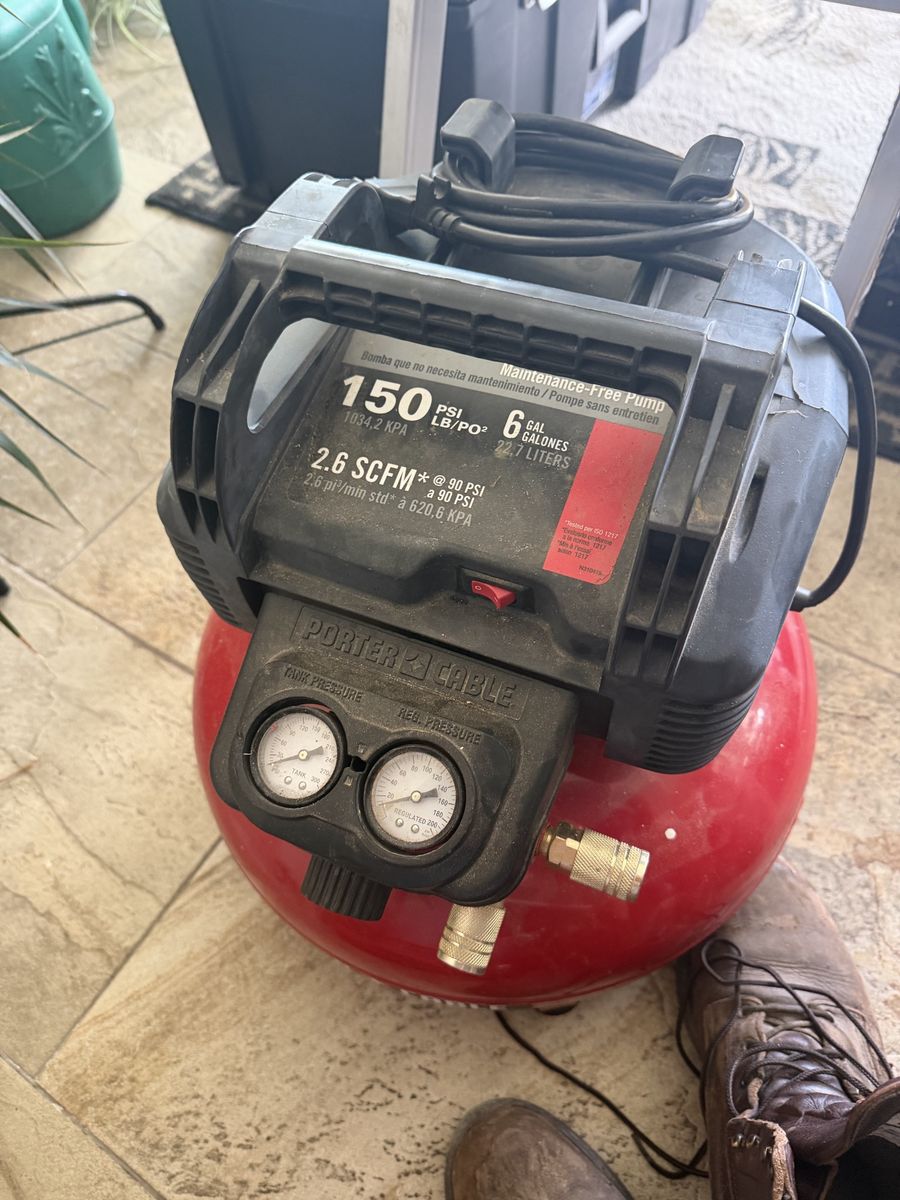 Porter-Cable C2002 6-Gallon 150 PSI Oil-Free Pancake Air Compressor with Nail gun 16 23ga. Cash only
