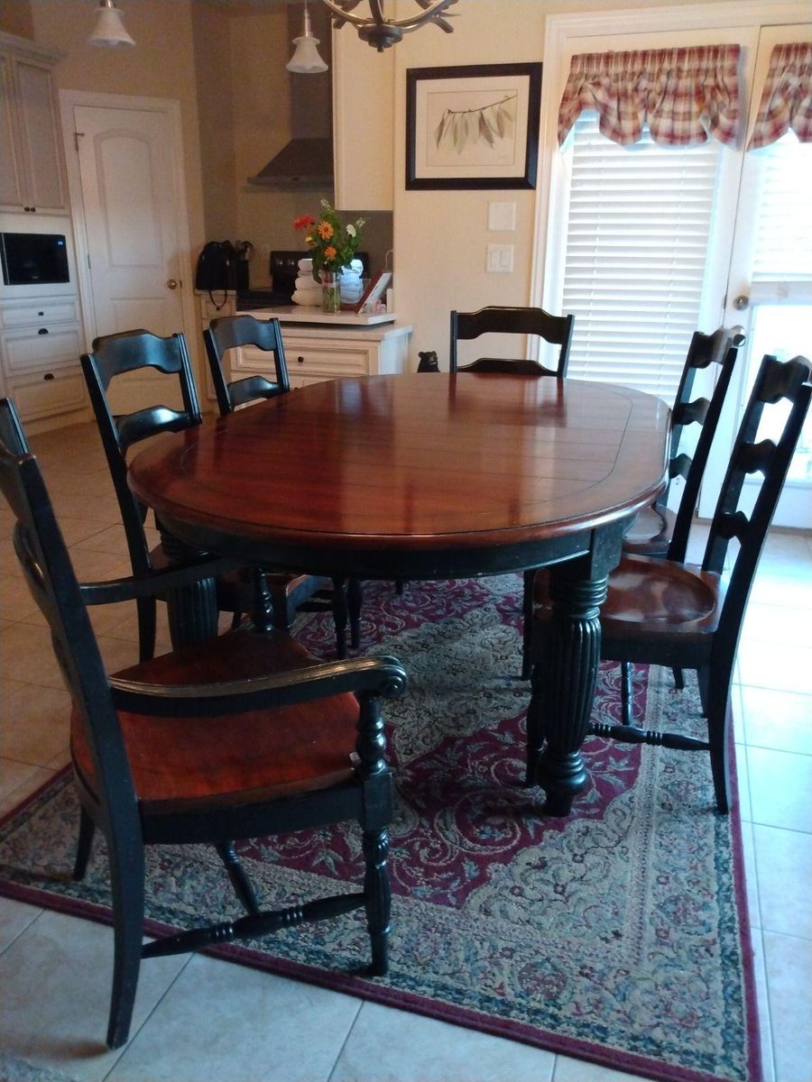Expandable Wooden Dining Table with 6 Chairs - Dark Wood Finish, Includes Two Leaves