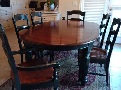 Expandable Wooden Dining Table with 6 Chairs - Dark Wood Finish, Includes Two Leaves