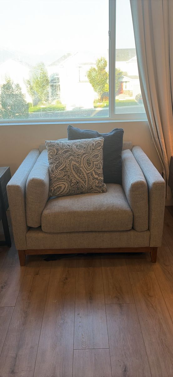 Mid-Century Modern Light Gray Upholstered Armchair with Wood Base