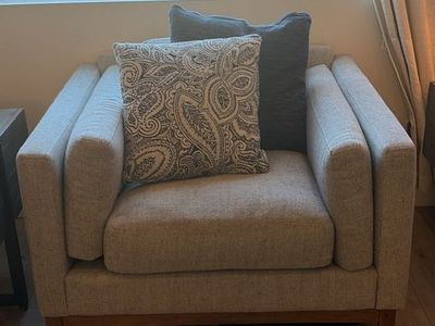 Mid-Century Modern Light Gray Upholstered Armchair with Wood Base