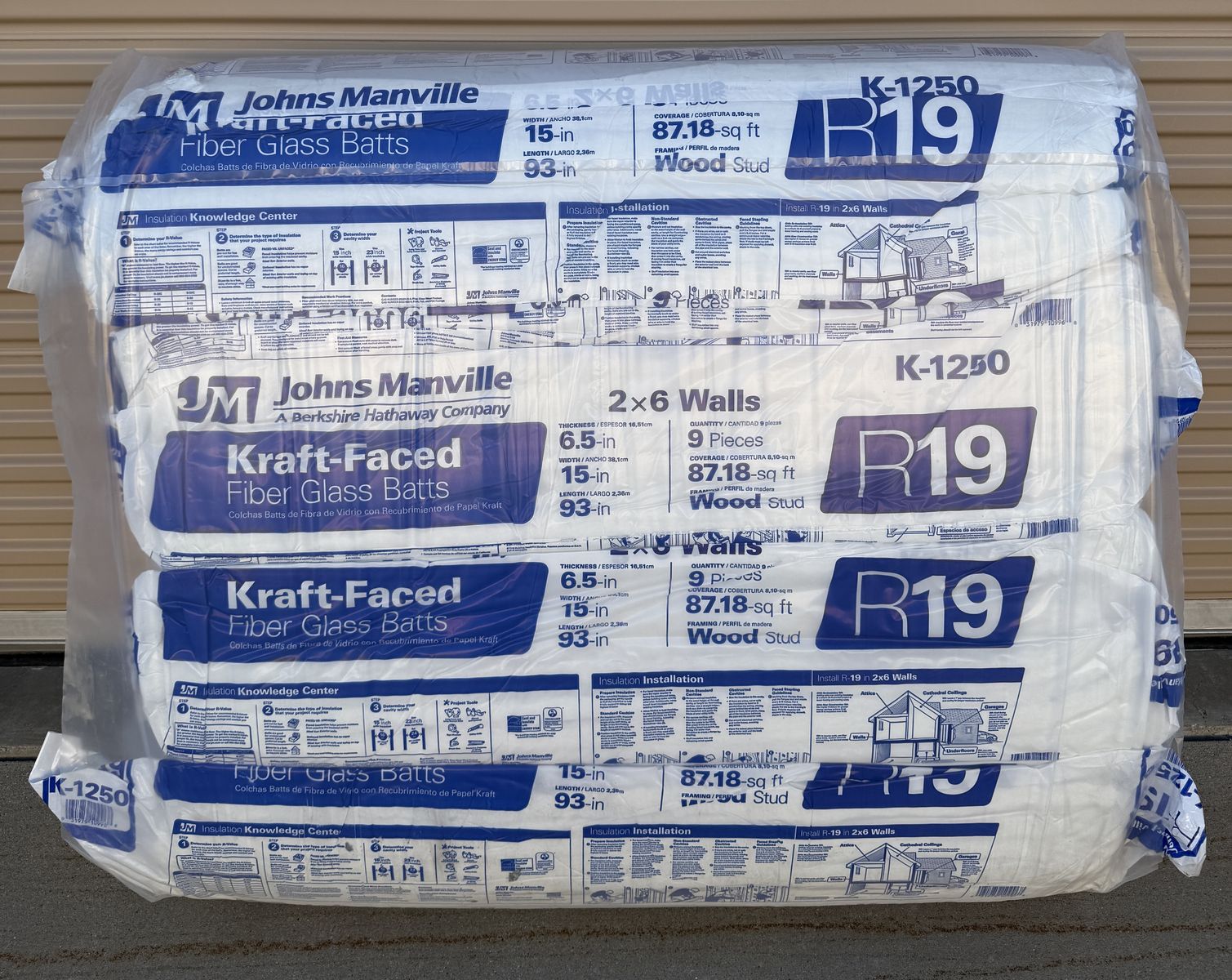 NEW 4 Pack Johns Manville R-19 Kraft Faced Fiberglass Insulation Batt 15 in. W x 93 in. L