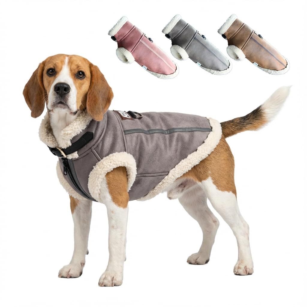 New! LUVMOJO Retro Aviator Dog Jackets, Faux Leather Winter Coats with Sherpa Lining, Windproof Turn-Down Collar, Biker-Style 