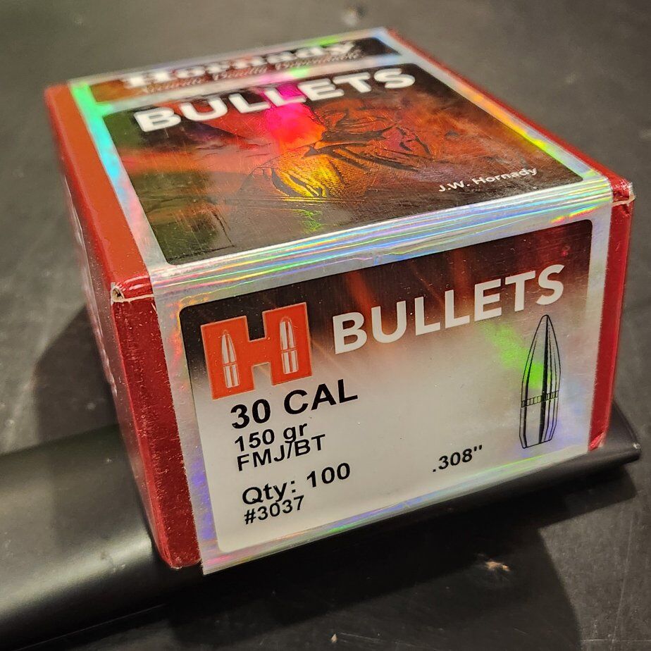 new/unopened box of Hornady 30 caliber/.308, 150gr, FMJ/BT, #3037, quantity 100
