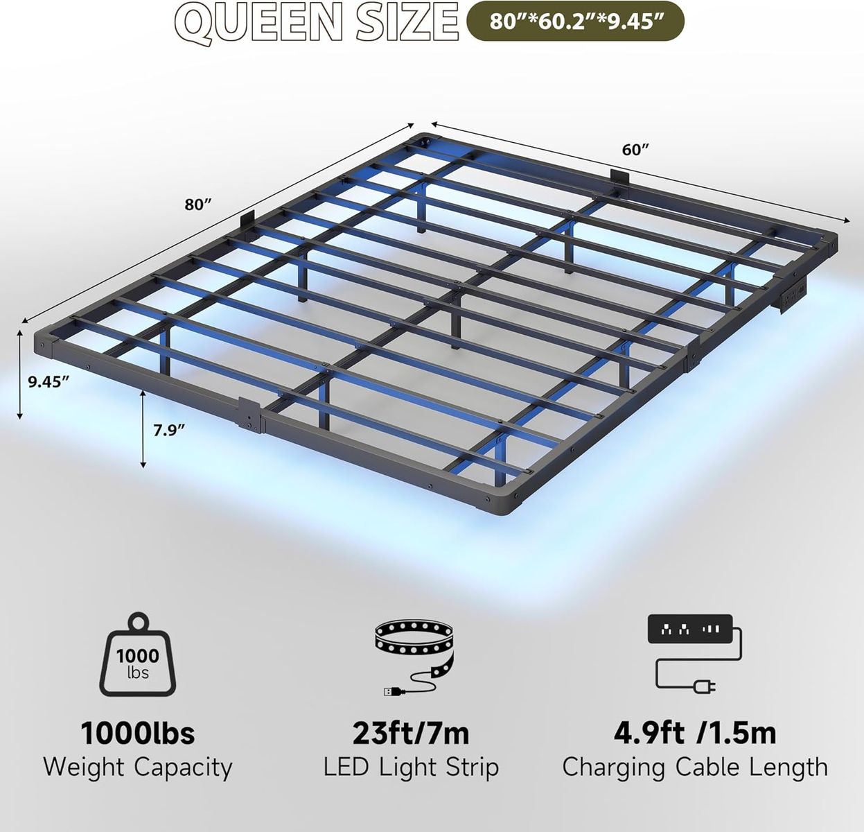 Queen Size Floating Metal Bed Frame - LED Lights - Charging Station - No Box Spring Needed