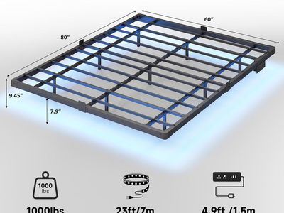 Queen Size Floating Metal Bed Frame - LED Lights - Charging Station - No Box Spring Needed
