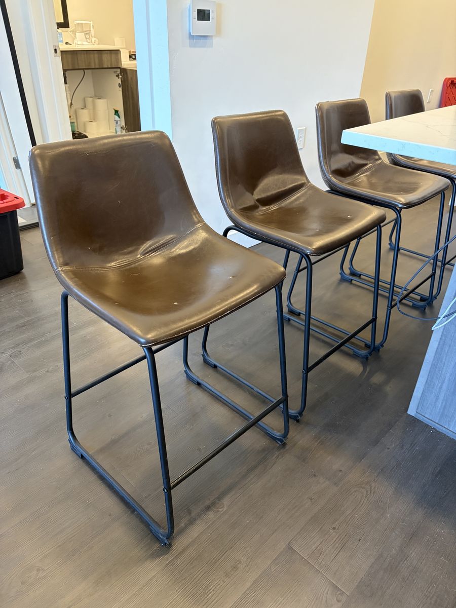 Set of 4 Brown Faux Leather Counter Stools - 24-inch Seat Height, Modern Metal Frame