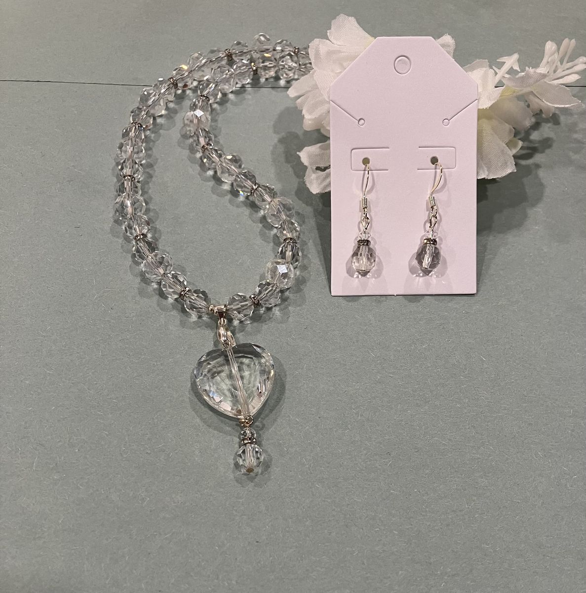 Crystal & Glass Wedding Pendant Necklace And Matching Drop Style Earrings