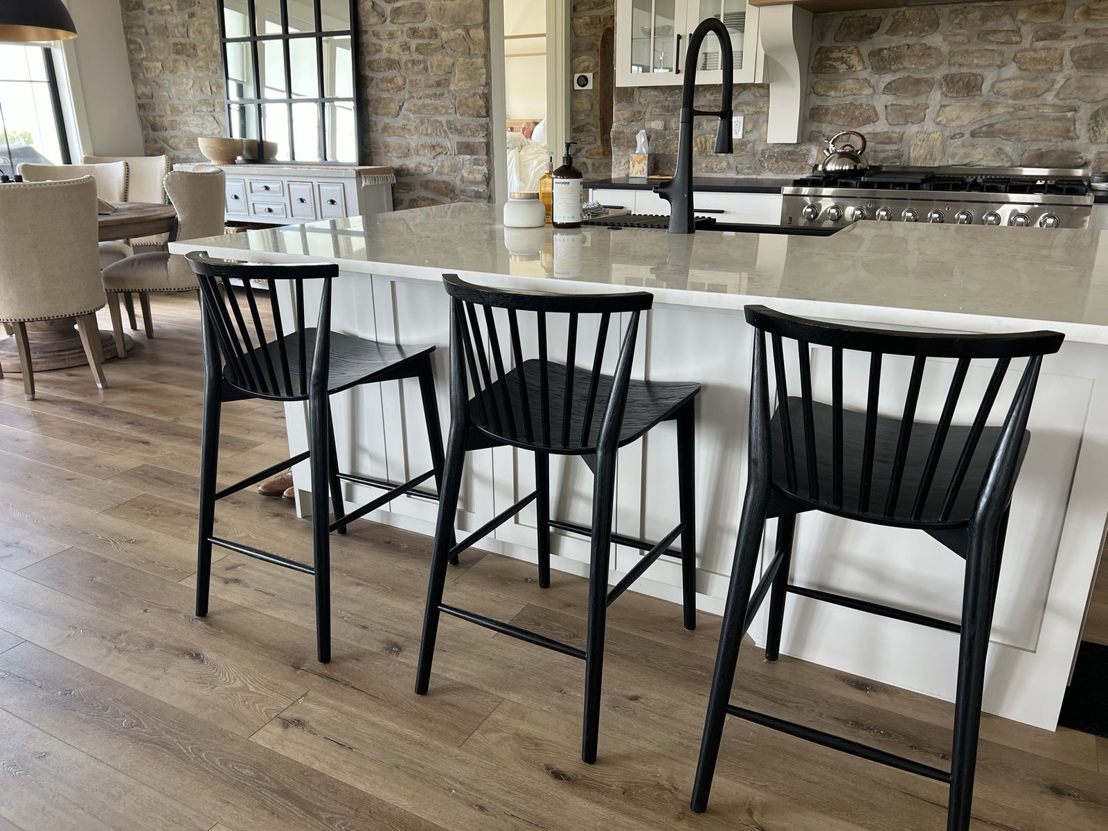 Set of 3 Black Wooden Windsor Style Bar Stools - Counter Height Seating