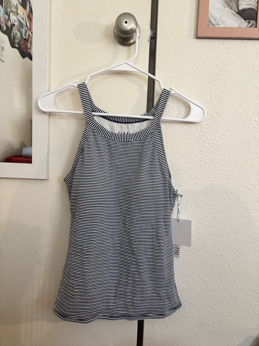 Midkini Top - Textured Navy Blue Stripes - Size L