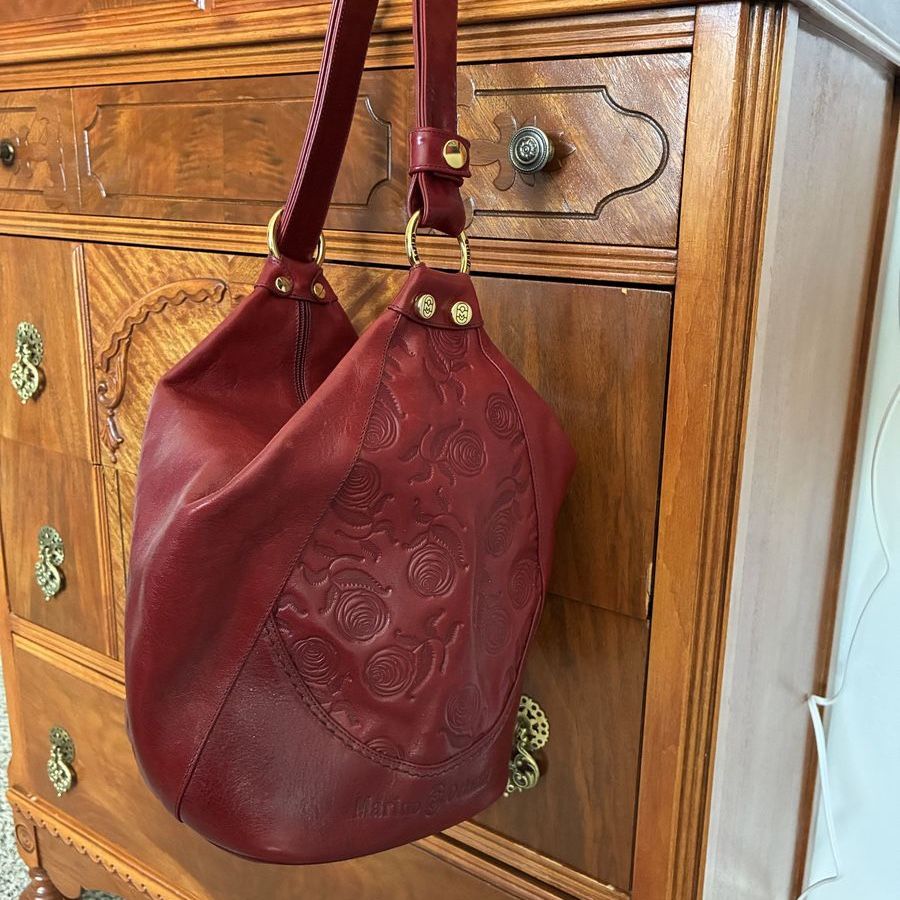 Marino Orlandi Italian Leather Sling Bucket Bag with Embossed Floral Detail in Burnt Red