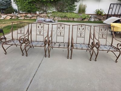 Set of 5 Iron Patio Chairs - Rustic Brown Finish, Leaf Scroll Design - Outdoor Seating