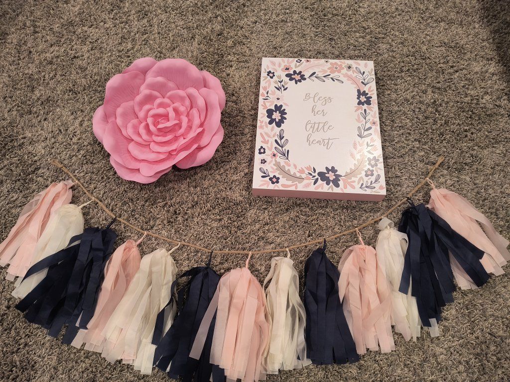 Floral Baby Nursery Decor Set - Wall Sign, 3D Pink Flower & Tassel Garland