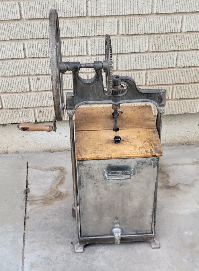 Vintage Hand-Cranked Butter Churn with Metal Container & Wood Lid - Rustic Farmhouse Decor