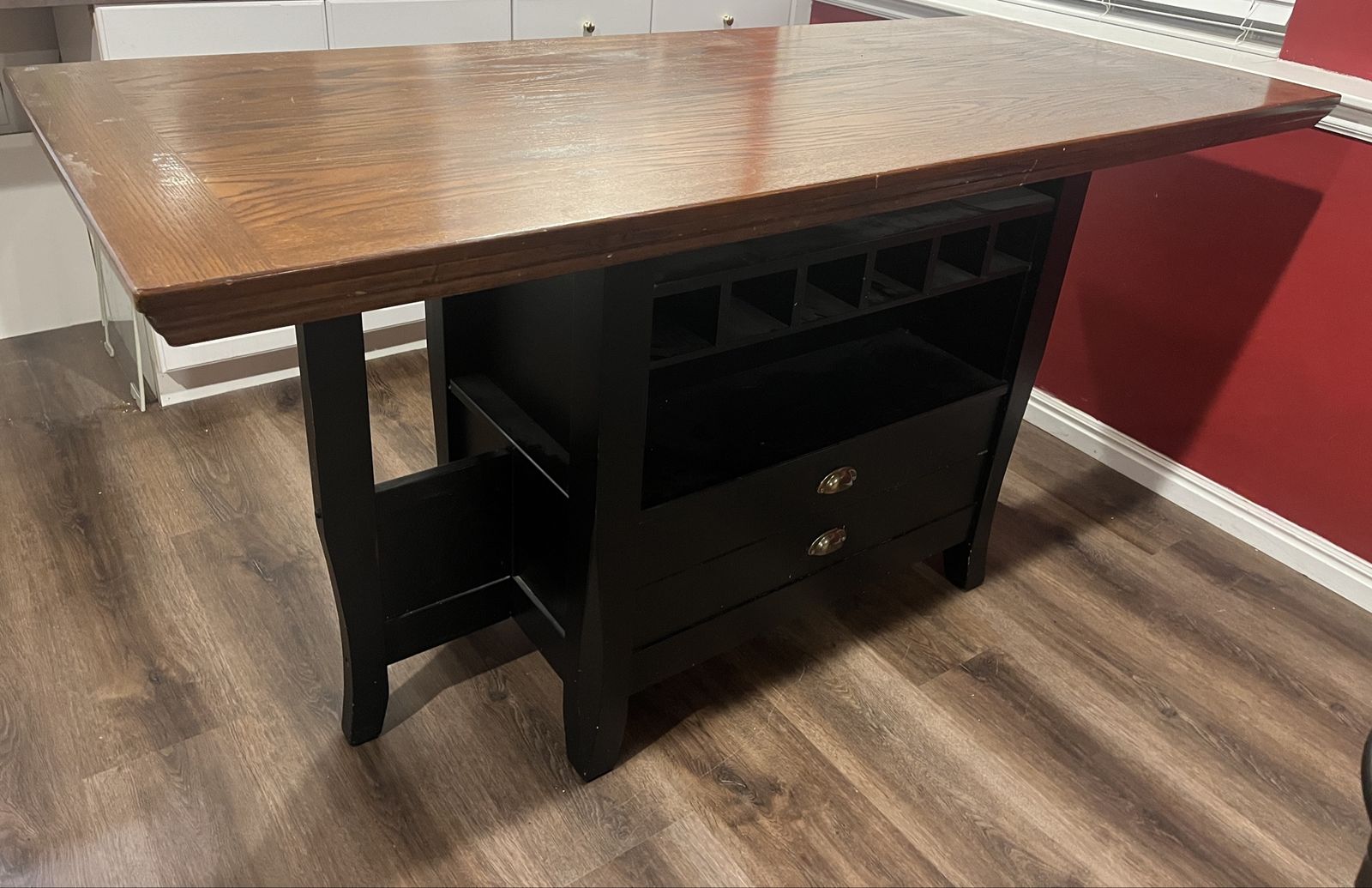 Black and Wood Pub Table or Kitchen Island Dining Table with Built-in Wine Rack and Storage Drawers.