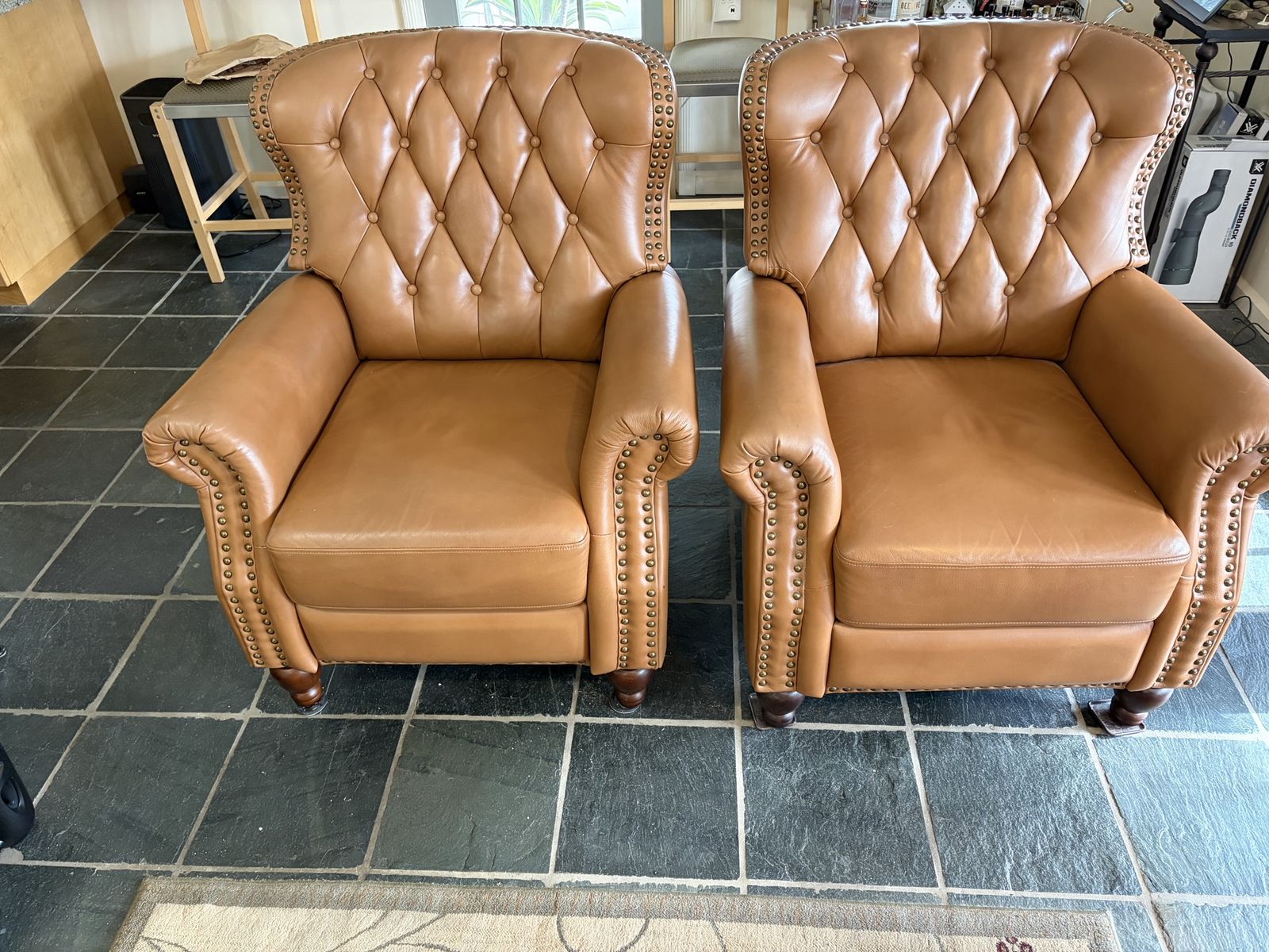 Pair of Tufted Tan Leather Recliners with Nailhead Trim