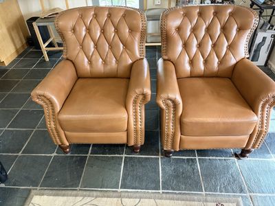 Pair of Tufted Tan Leather Recliners with Nailhead Trim